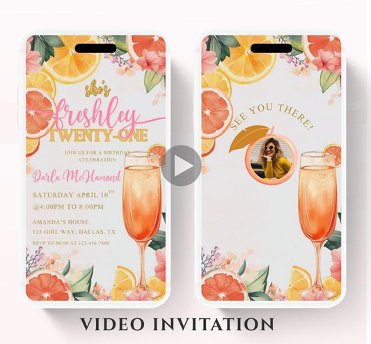 Citrus Birthday Brunch Invite. Digital Animated 21st birthday Party Invitation. Lemon Yellow and Pink Citrus Birthday Video invite-1