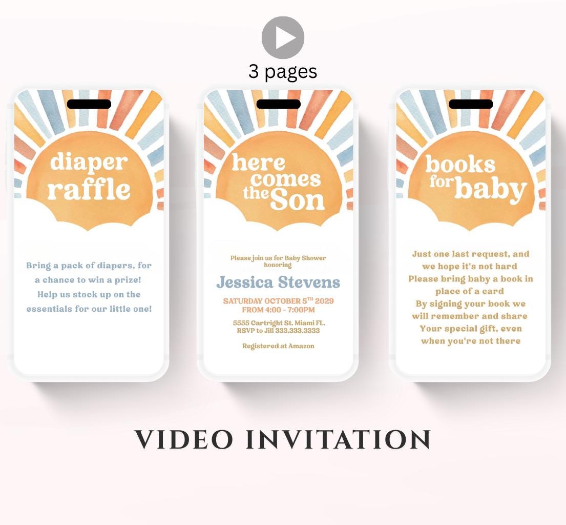Animated Sunshine Baby Shower Invitation, Here Comes the Son Baby Shower Invite, Boy Sonshine Baby Shower, Boho Sunshine Shower sun baby-1