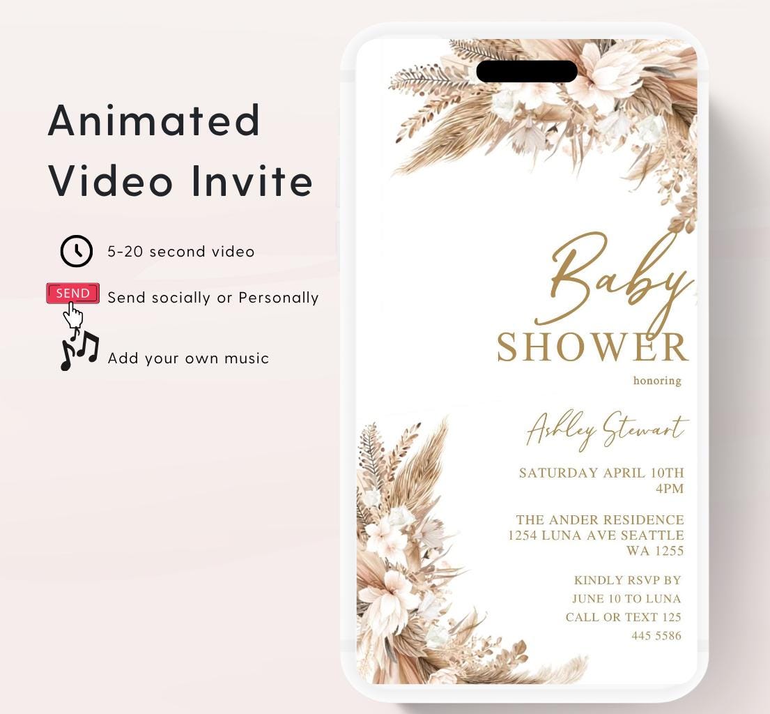 Boho Baby Shower Invitation, Boho Floral Baby Shower, Baby Girl Baby Shower Invite, pampas Invitation, Boho Baby Invitation Animated-2
