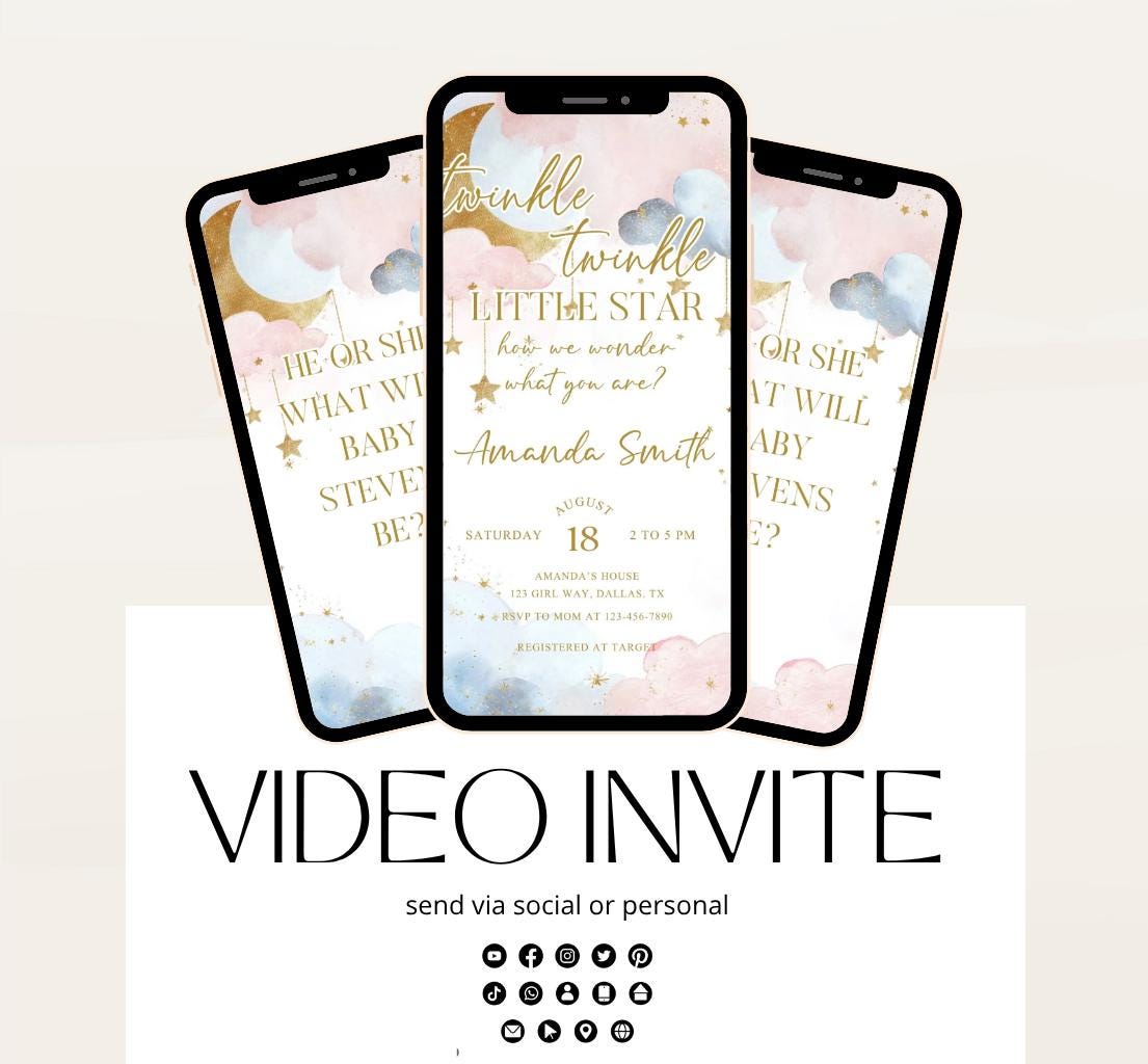 Twinkle Twinkle Little Star Gender Reveal Invitation, Pink and Blue Moon Stars Clouds Invitation, He Or She, Boy Or Girl Video Invite-2