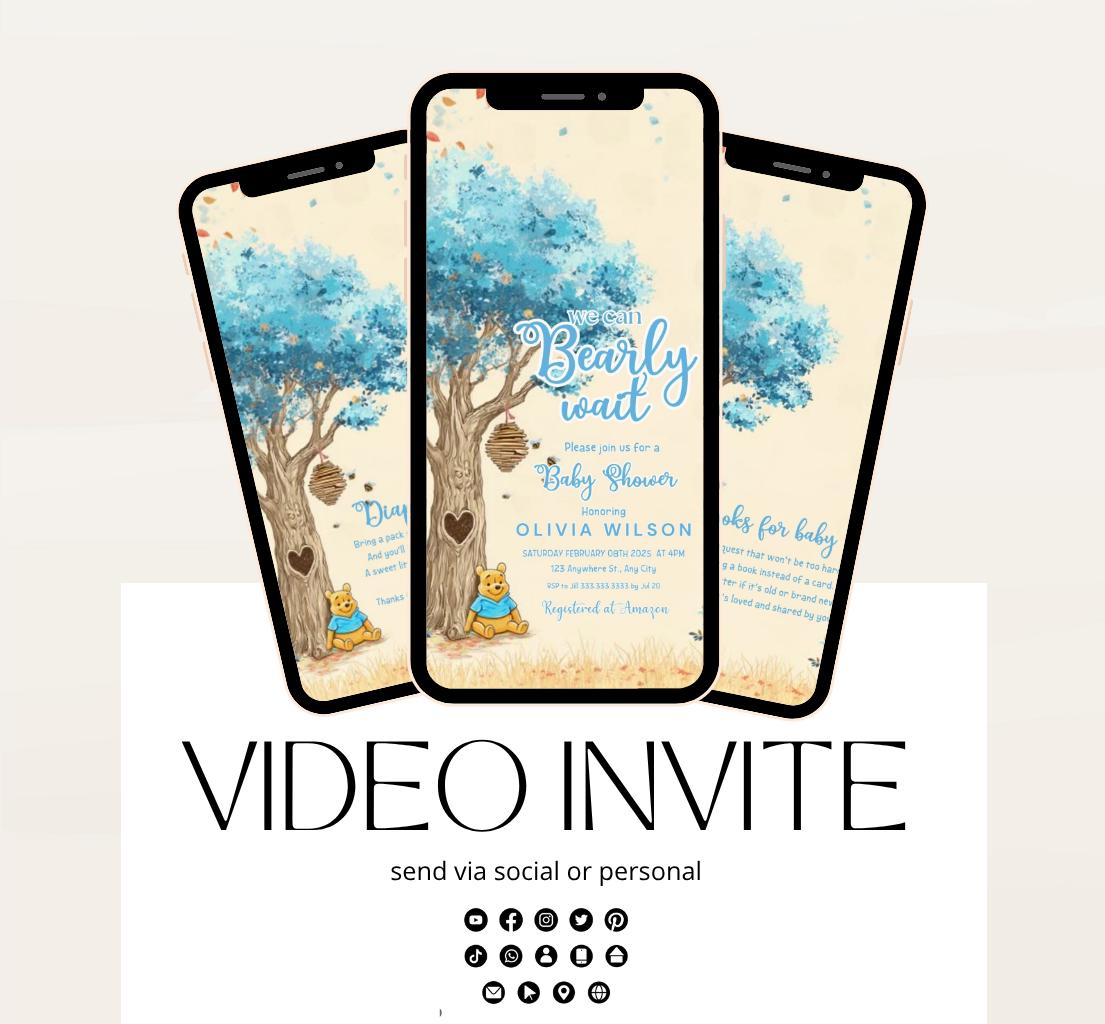 Blue Winnie shower Invitation, Winnie The Pooh Baby Shower Invitations, Winnie The Pooh Invitations Video invitation, Winnie baby shower-23