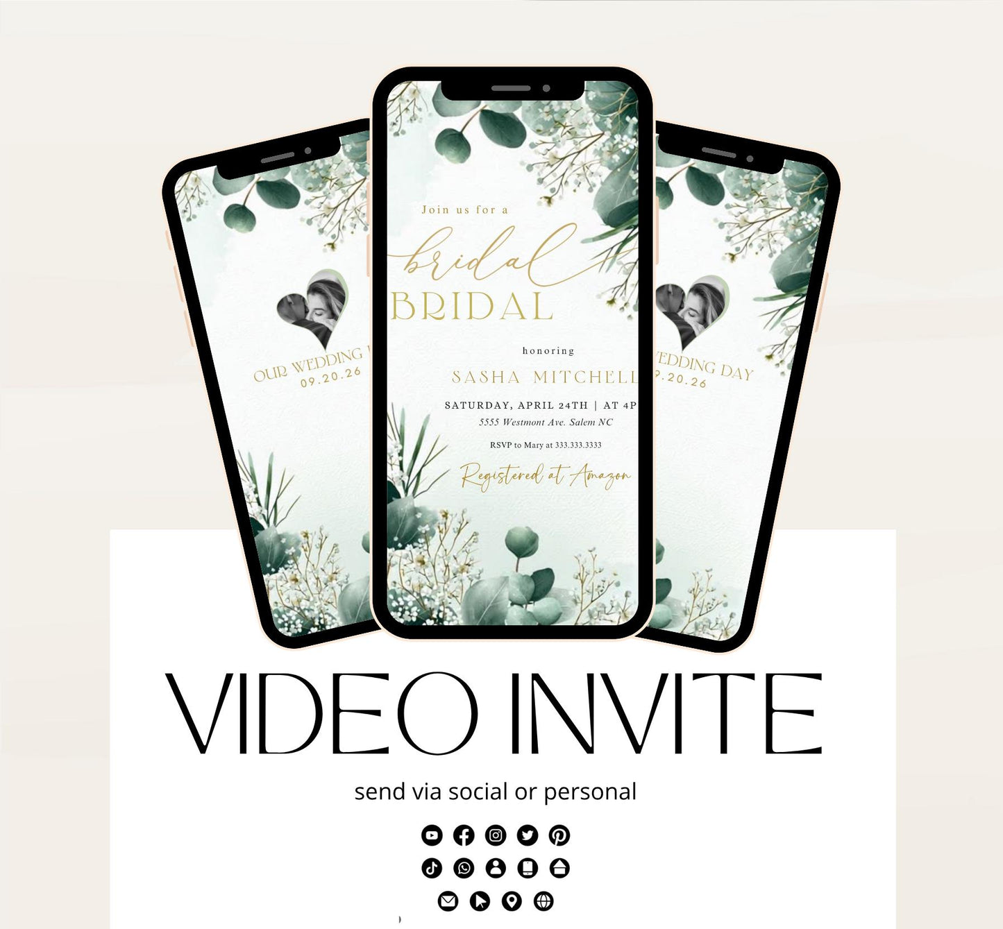 Greenery Bridal Shower Invitation, Video Eucalyptus Bridal Shower Invite, Editable Canva Greenery Bridal Shower-1