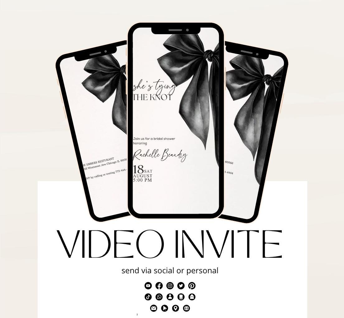 She's Tying the Knot Bridal Shower Invitation Template,Video Black Bow Bridal Shower Invite,Ribbon WeddingShower,BacheloretteParty Invite-1
