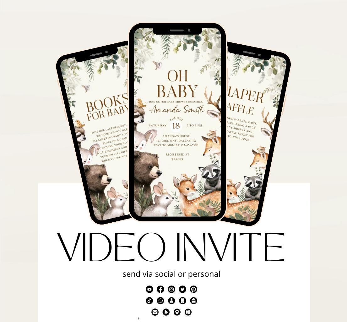 Animated Woodland Baby Shower Invitation, Boy Woodland Baby Shower Invite, Woodland Animals Baby Shower, Greenery Boho invitation Woodland-4