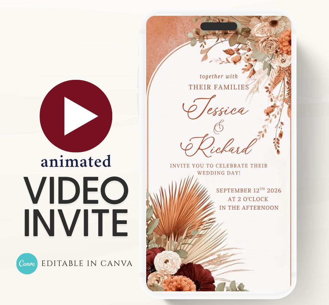 Animated Wedding invitation, Wedding Boho Terracotta Pampas invitation, wedding invitation template, Video Wedding invite, wedding invite-4