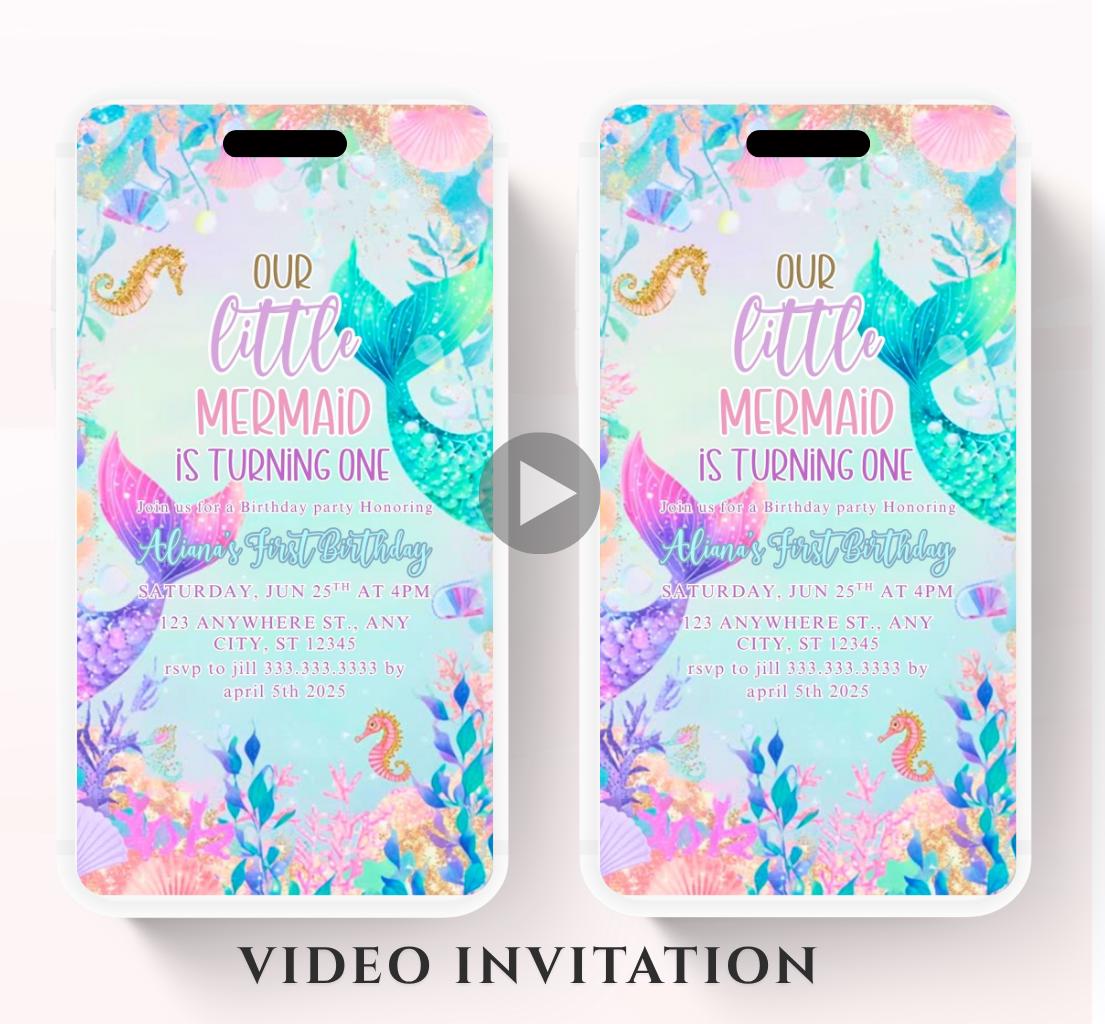 Mermaid Birthday Invitation, Mermaid Invite, Under the Sea Birthday Party, Glitter Birthday, Pink Birthday, Mermaid Party Video invitation-1