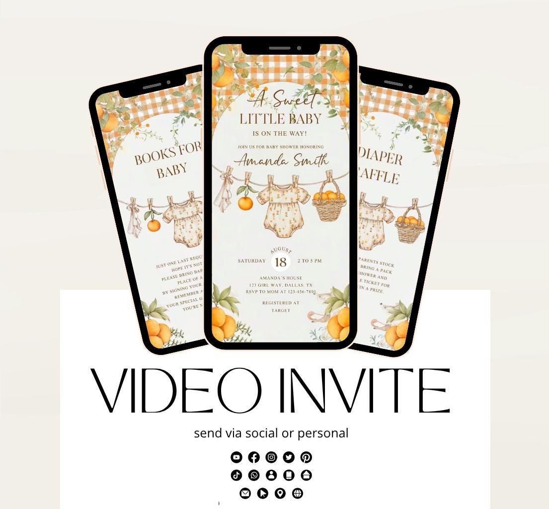 A Little Cutie Baby Shower Invitation, Gender Neutral Baby Shower Invite, Oranges cutie baby shower Video invitation-3