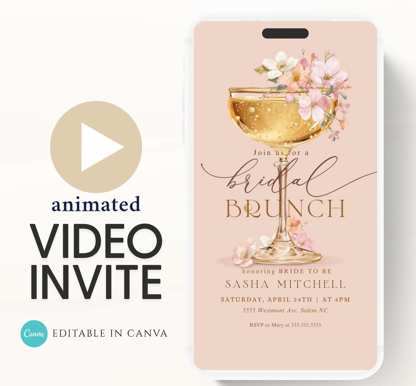 Brunch and Bubbly Bridal Shower Invitation Video, Champagne Shower Invite, Blush Bridal Shower Invitation, Brunch Invite-3