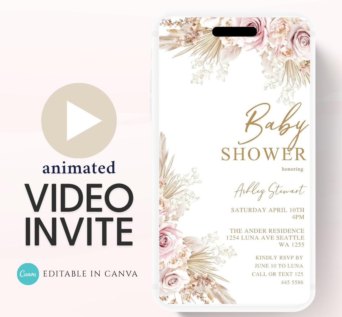 Boho Baby Shower Invitation, Boho Floral Baby Shower, Baby Girl Baby Shower Invite, pampas Invitation, Boho Baby Invitation Animated-1