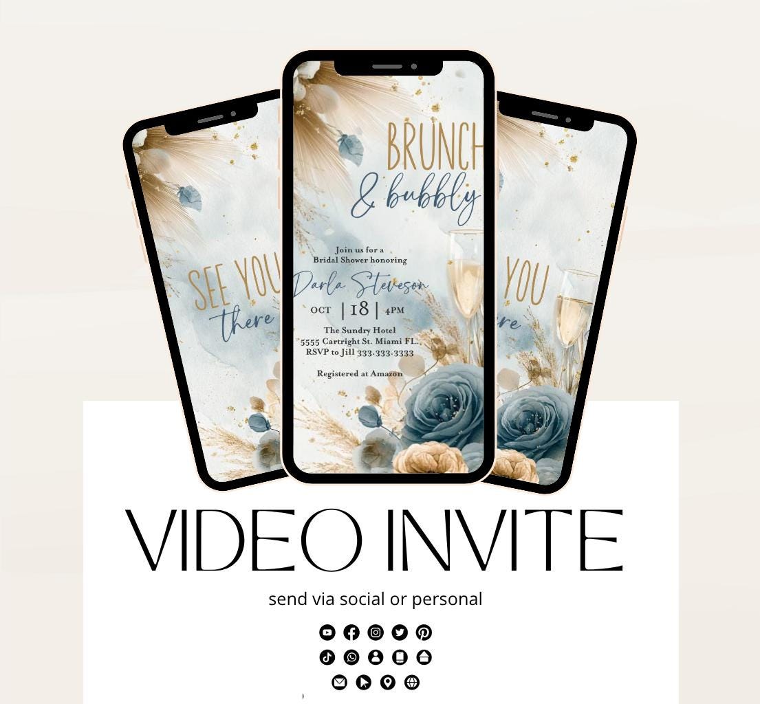 Brunch and Bubbly Bridal Shower Invitation Video, Champagne Shower Invite, Boho Blue Bridal Shower Invitation, Brunch Invite-1