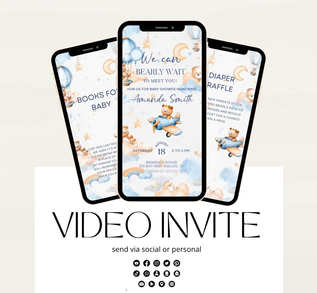 Flying Teddy Bear Baby Shower Invitation We Can Bearly Wait Invite balloon Teddy Bear Template Boy Animated video- 2