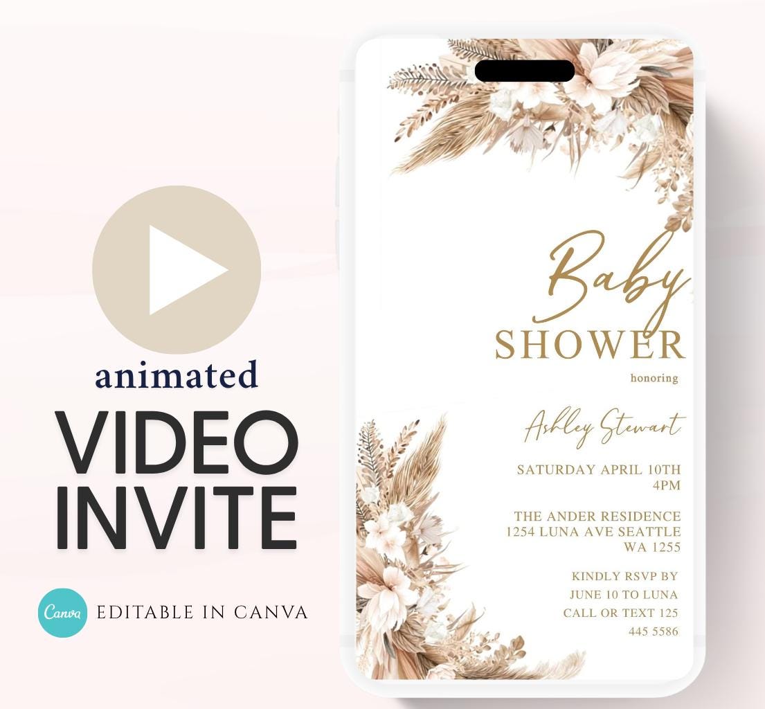 Boho Baby Shower Invitation, Boho Floral Baby Shower, Baby Girl Baby Shower Invite, pampas Invitation, Boho Baby Invitation Animated-2
