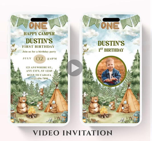 One Happy Camper Birthday Invitation, Boy First Birthday, Boy Happy camper Invitation, Camping 1st Birthday, Canva Video Invitation-3