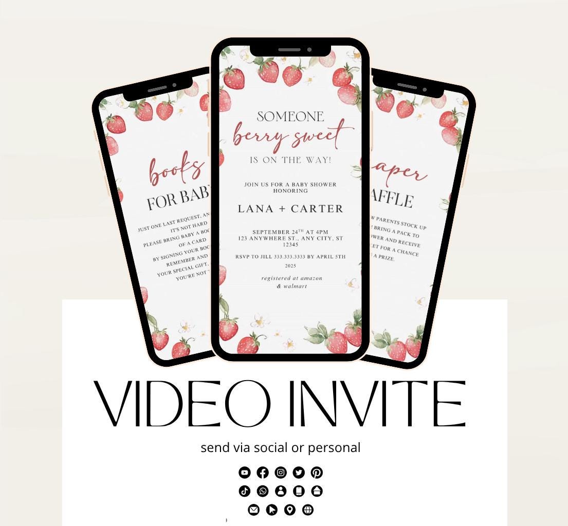 Animated Berry Baby Shower Invitation , Berry Sweet Invite Baby Shower Strawberries berries Minimal Girl Baby Shower Blush Pink Strawberry-1