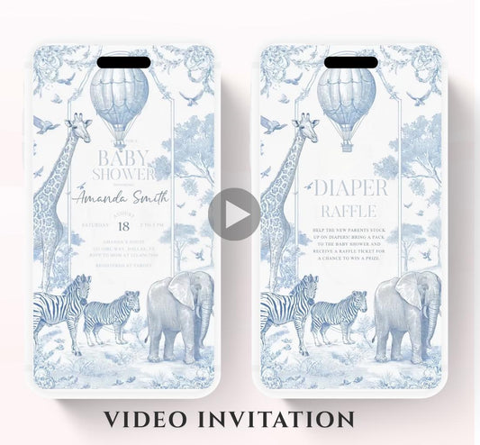 Toile de jouy Safari Baby Shower Invitation, Safari Animal Baby Boy Shower Digital Video Toile de Jouy Baby Shower Invite Safari-1
