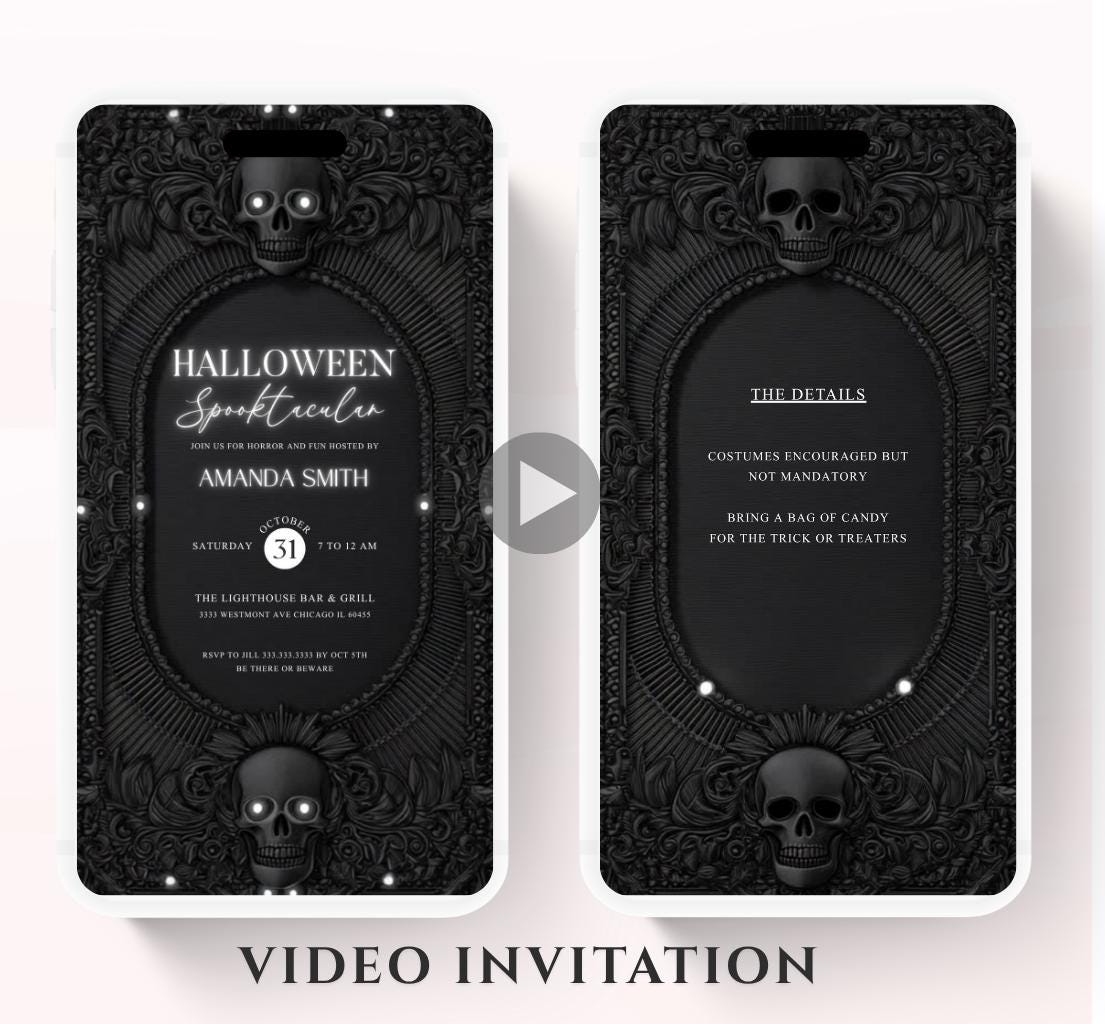 Dark skull Halloween party invitation, Halloween spooktacular Adults Halloween Costume party Invite Video Digital party invitation-11