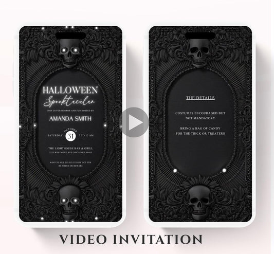 Dark skull Halloween party invitation, Halloween spooktacular Adults Halloween Costume party Invite Video Digital party invitation-11