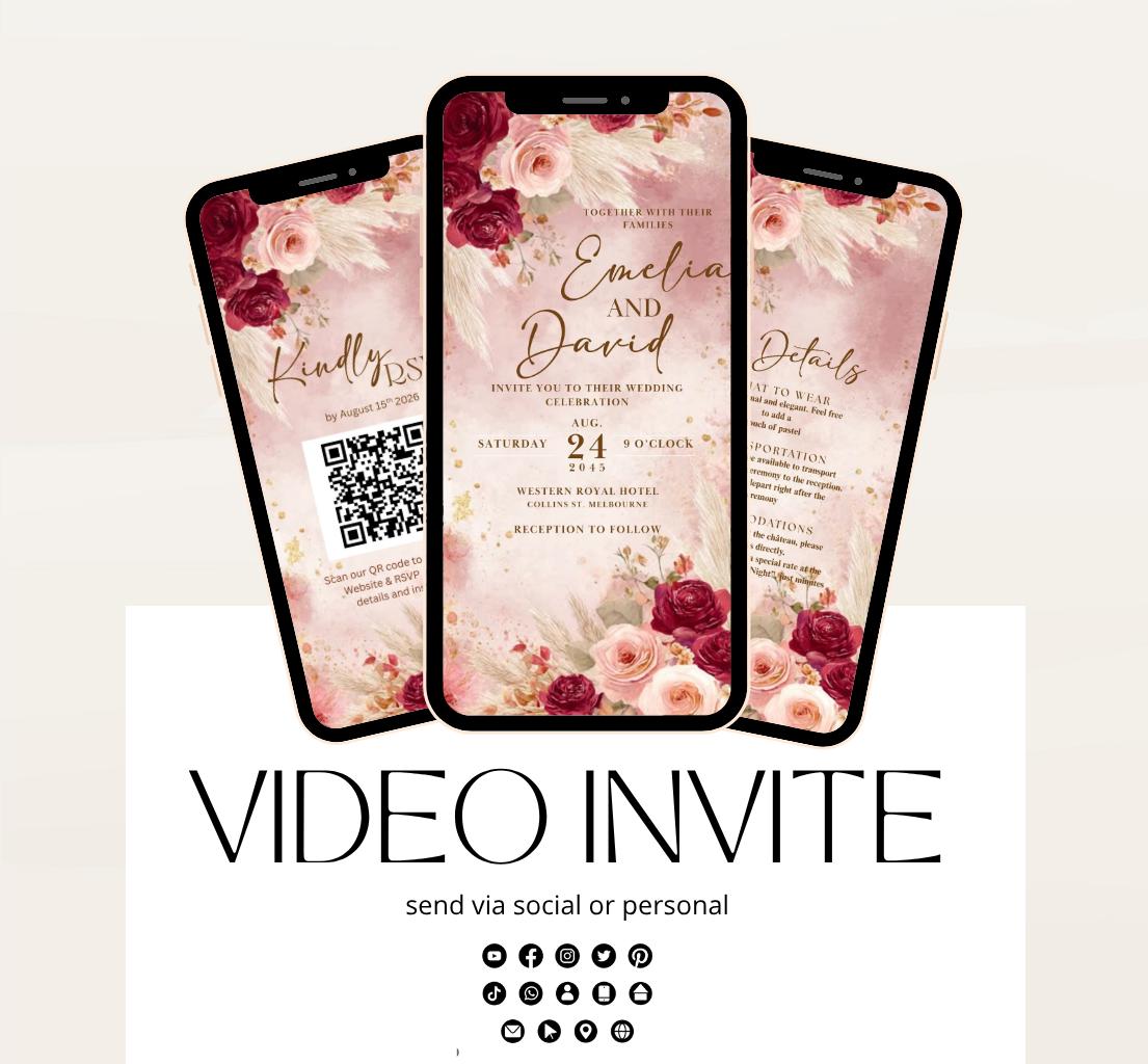 Pink and red floral Wedding invitation, Wedding invitation, wedding invitation template, Video Wedding invite, wedding invite-16