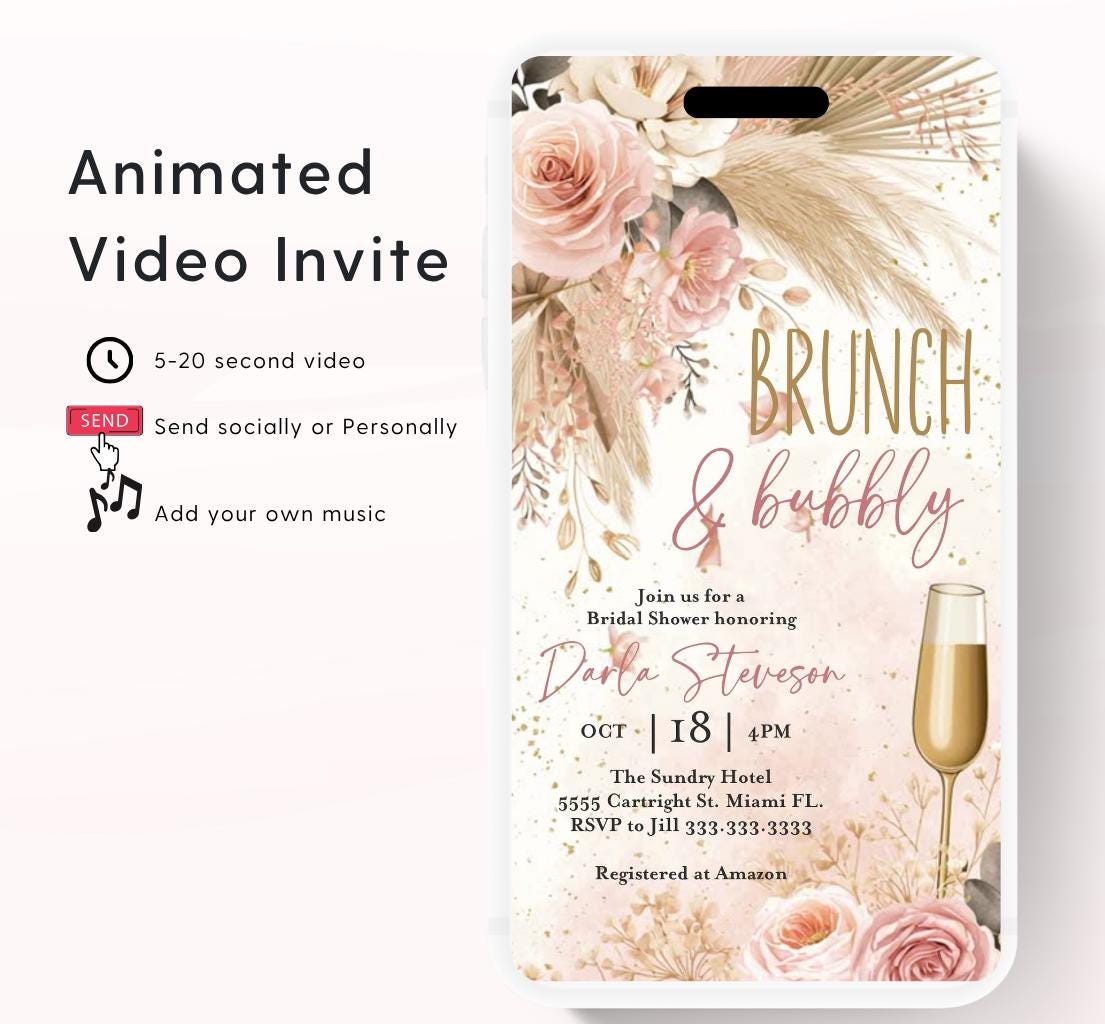 Brunch and Bubbly Bridal Shower Invitation Video, Champagne Shower Invite, Boho pink Bridal Shower Invitation, Brunch Invite-1