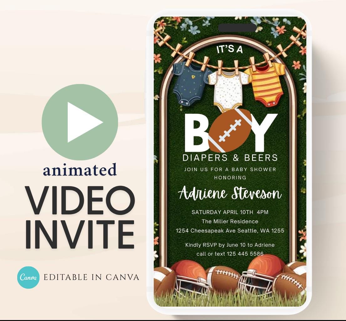 Animated Football Baby Shower Invitation Template, Tailgate DIY Oh Boy Baby Shower Invite, Touchdown Baby Shower, video invitation-1