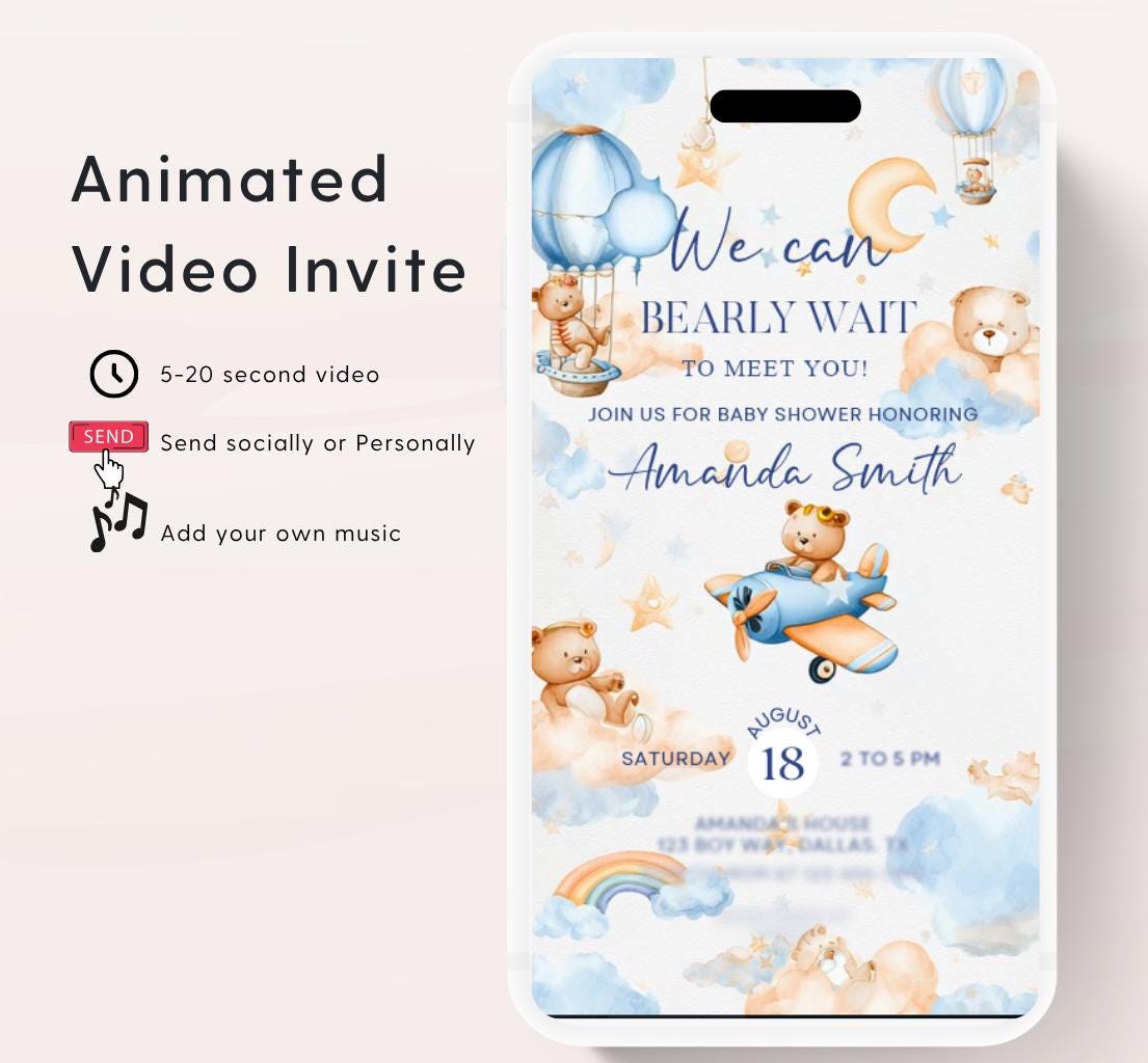 Flying Teddy Bear Baby Shower Invitation We Can Bearly Wait Invite balloon Teddy Bear Template Boy Animated video- 2