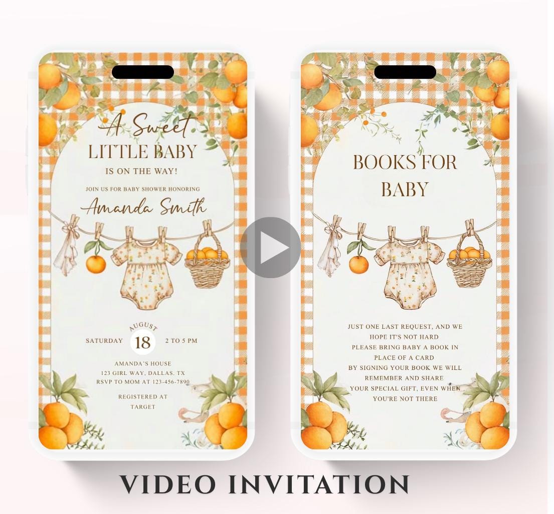 A Little Cutie Baby Shower Invitation, Gender Neutral Baby Shower Invite, Oranges cutie baby shower Video invitation-3