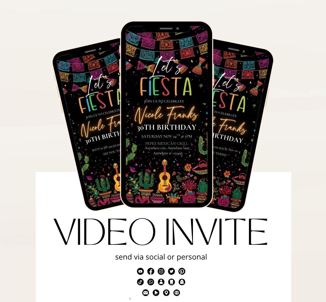 Lets Fiesta Invitation Taco invite, Digital Mexican Theme Birthday Party Invite Latin Celebration Let's Fiesta Cumpleaños Video invitation-1