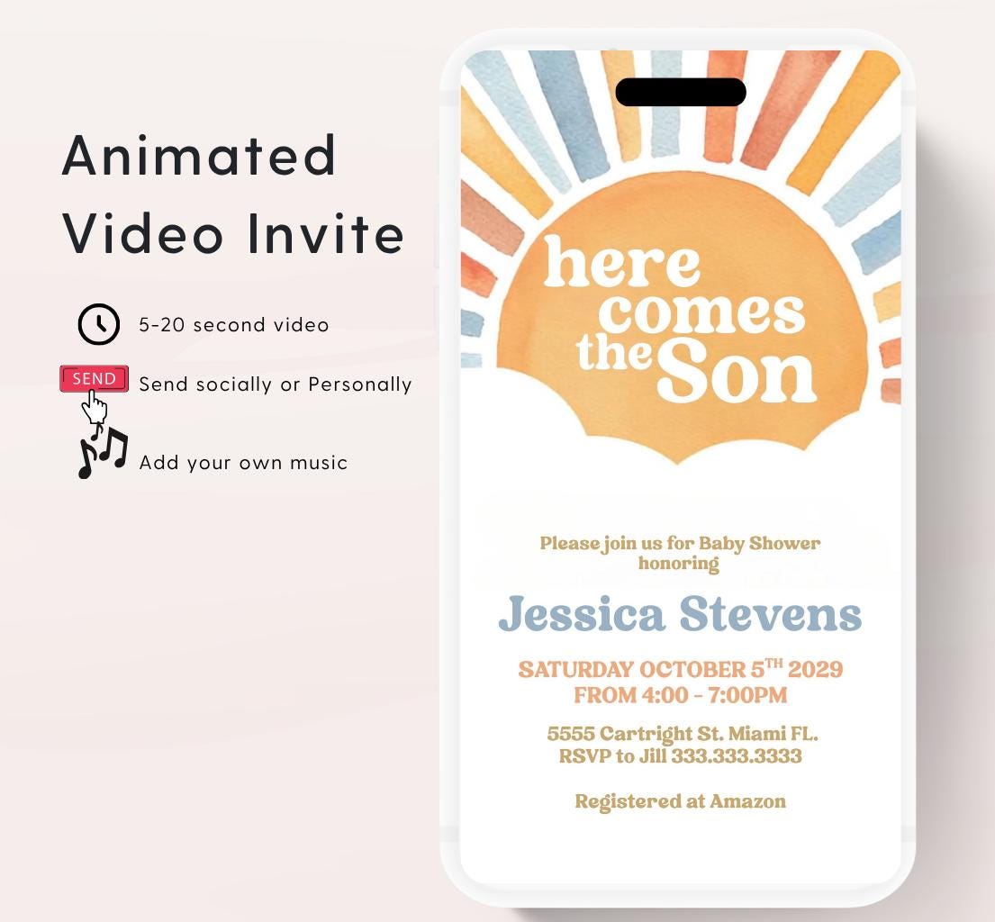 Animated Sunshine Baby Shower Invitation, Here Comes the Son Baby Shower Invite, Boy Sonshine Baby Shower, Boho Sunshine Shower sun baby-1