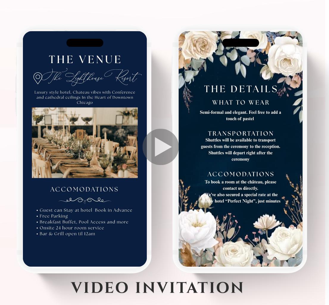 Navy blue and white florals Wedding invitation, Wedding invitation, wedding invitation template, Video Wedding invite, wedding invite-13