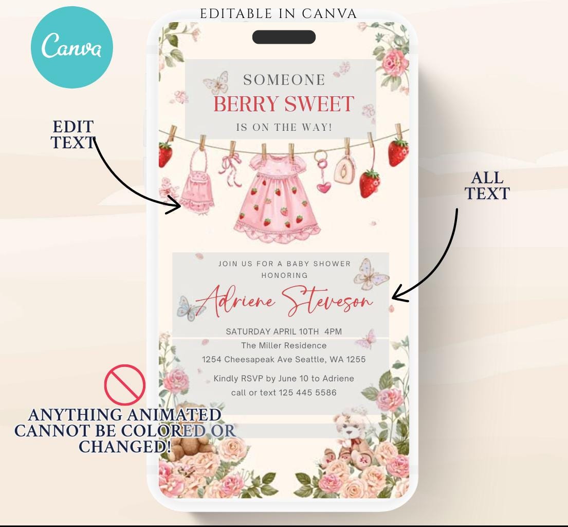 Animated Berry Baby Shower Invitation , Berry Sweet Invite Baby Shower Strawberries berries Minimal Girl Baby Shower Blush Pink Strawberry-3