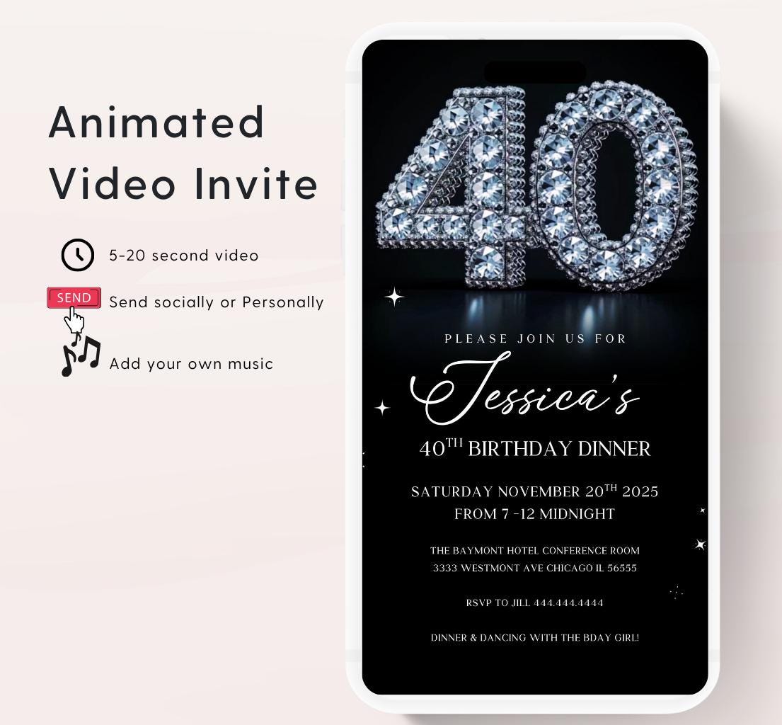 Animated 40th Evite Birthday for Adult Invite, Modern 40th Birthday Invite, Digital Animated Diamond Digital 40th Birthday-1
