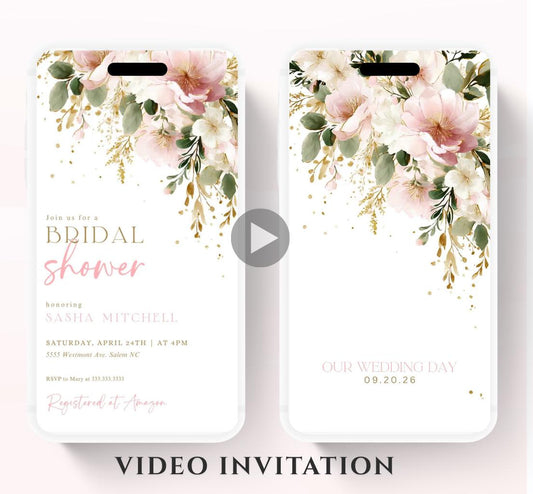 Blush Pink Bridal Shower Invitation, Video Bloom Pink Bridal Shower Invite, Editable Canva Floral Bridal Shower-1