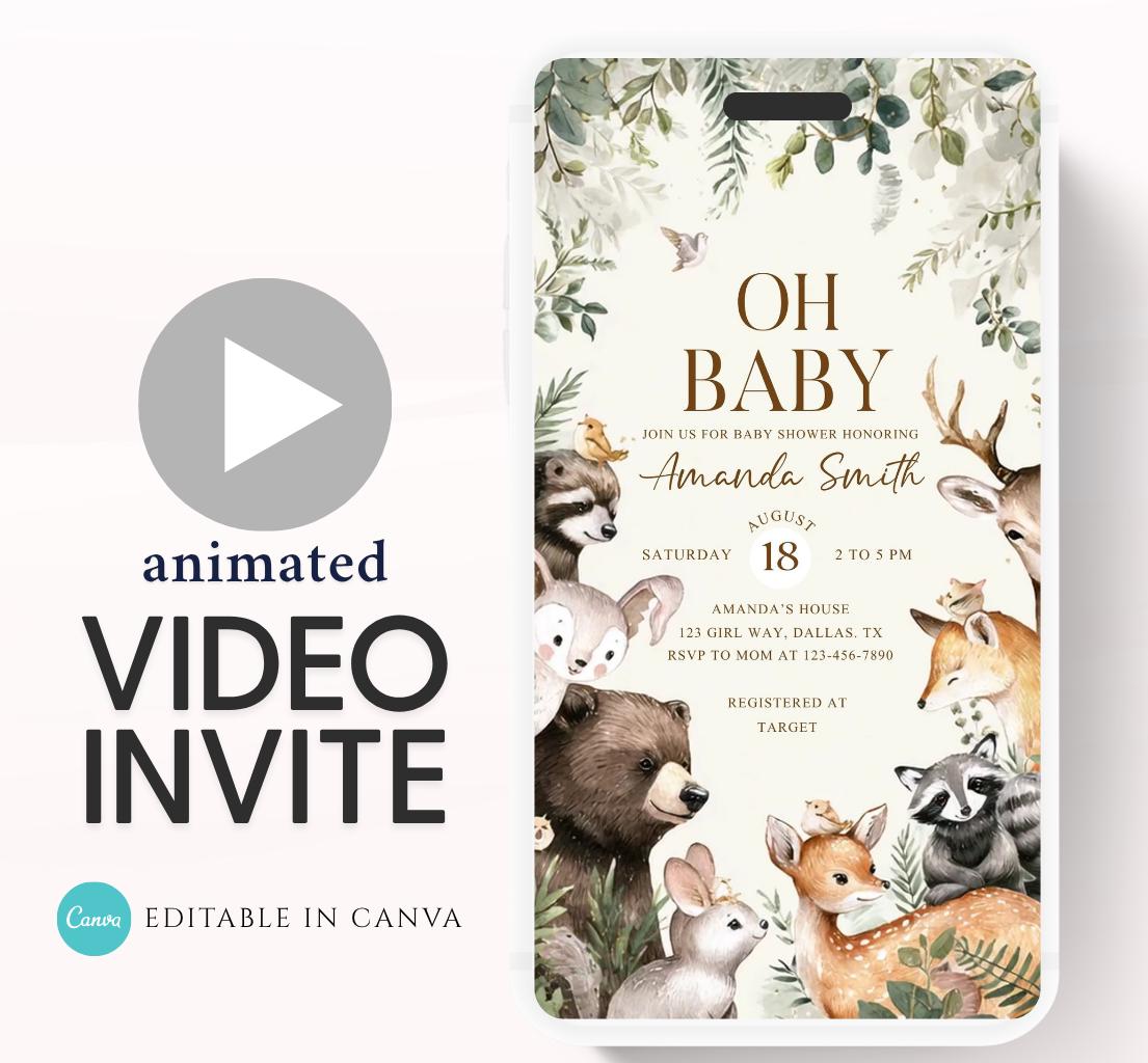 Animated Woodland Baby Shower Invitation, Boy Woodland Baby Shower Invite, Woodland Animals Baby Shower, Greenery Boho invitation Woodland-4