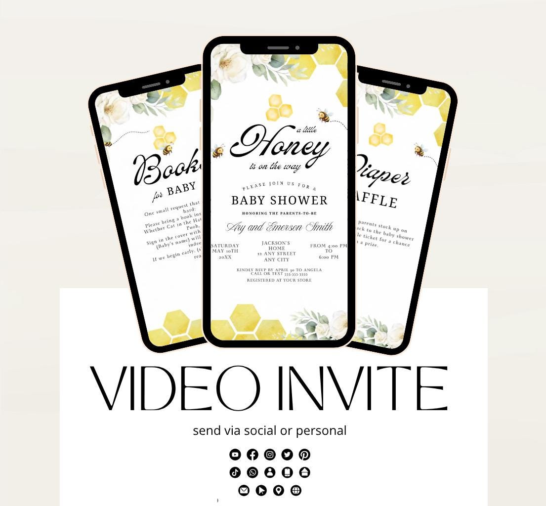 A Little Honey Is On The Way Invitation, Gender Neutral Baby Shower Invite, Bee Baby Shower Invitation, Editable Animated , 1