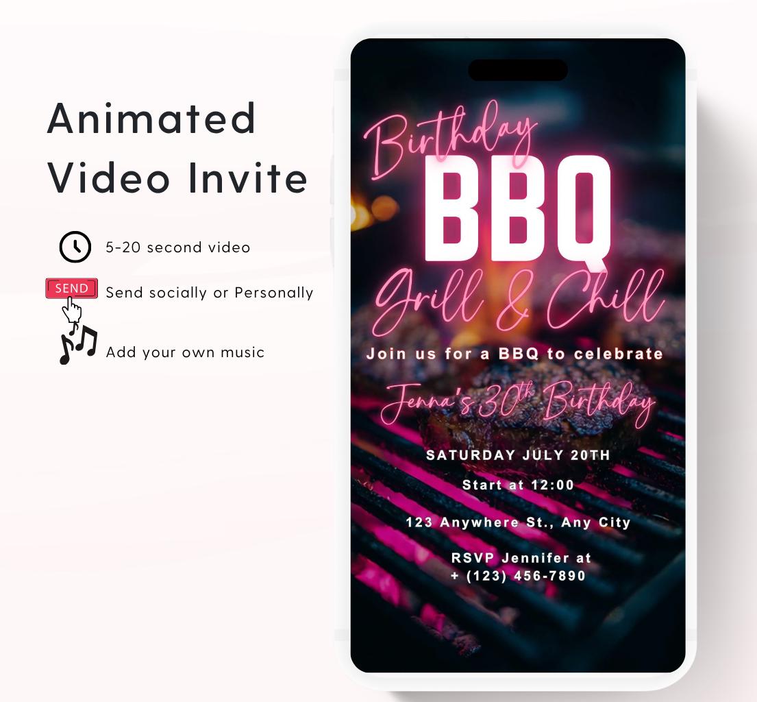Digital Birthday BBQ Chill and Grill Invitation. Animated Barbeque Party Invite in Neon Pink. Birthday invite Video-2