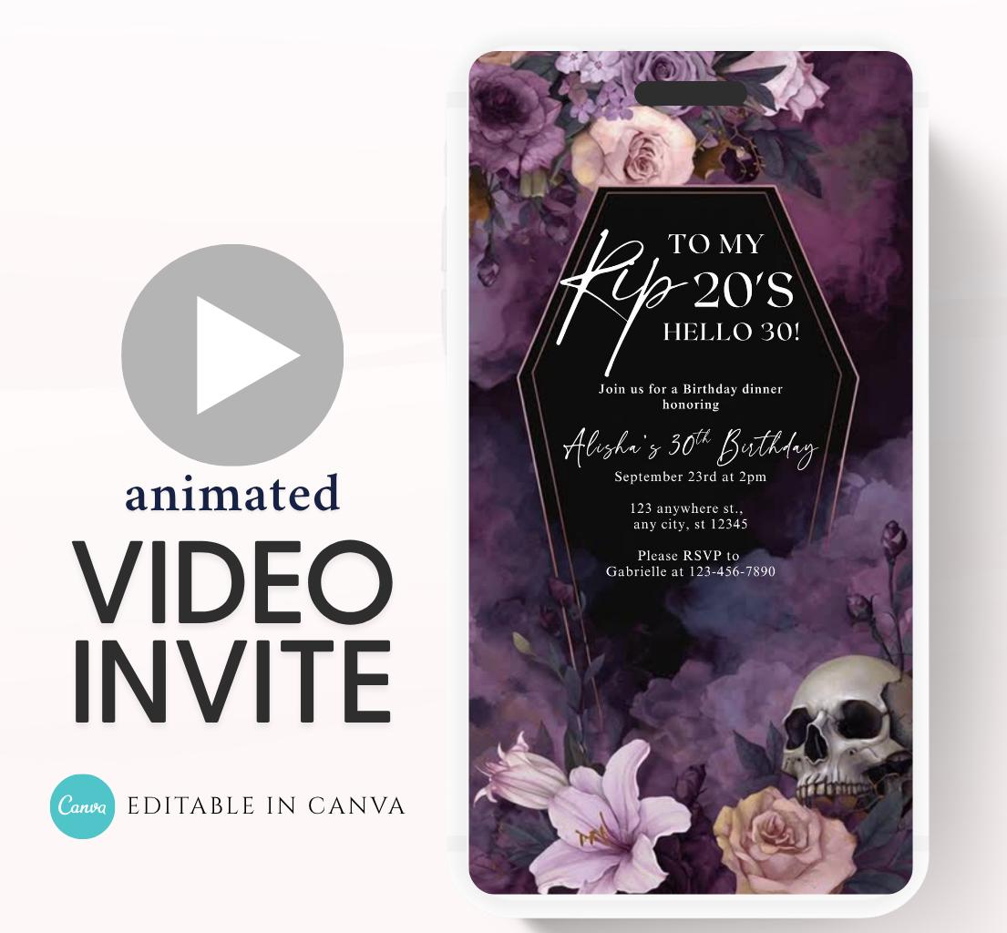 Animated 30th Evite Birthday for Adult Invite, Modern 30th Birthday Invite, Digital Animated Rip 20's Digital Halloween 30th Birthday-17