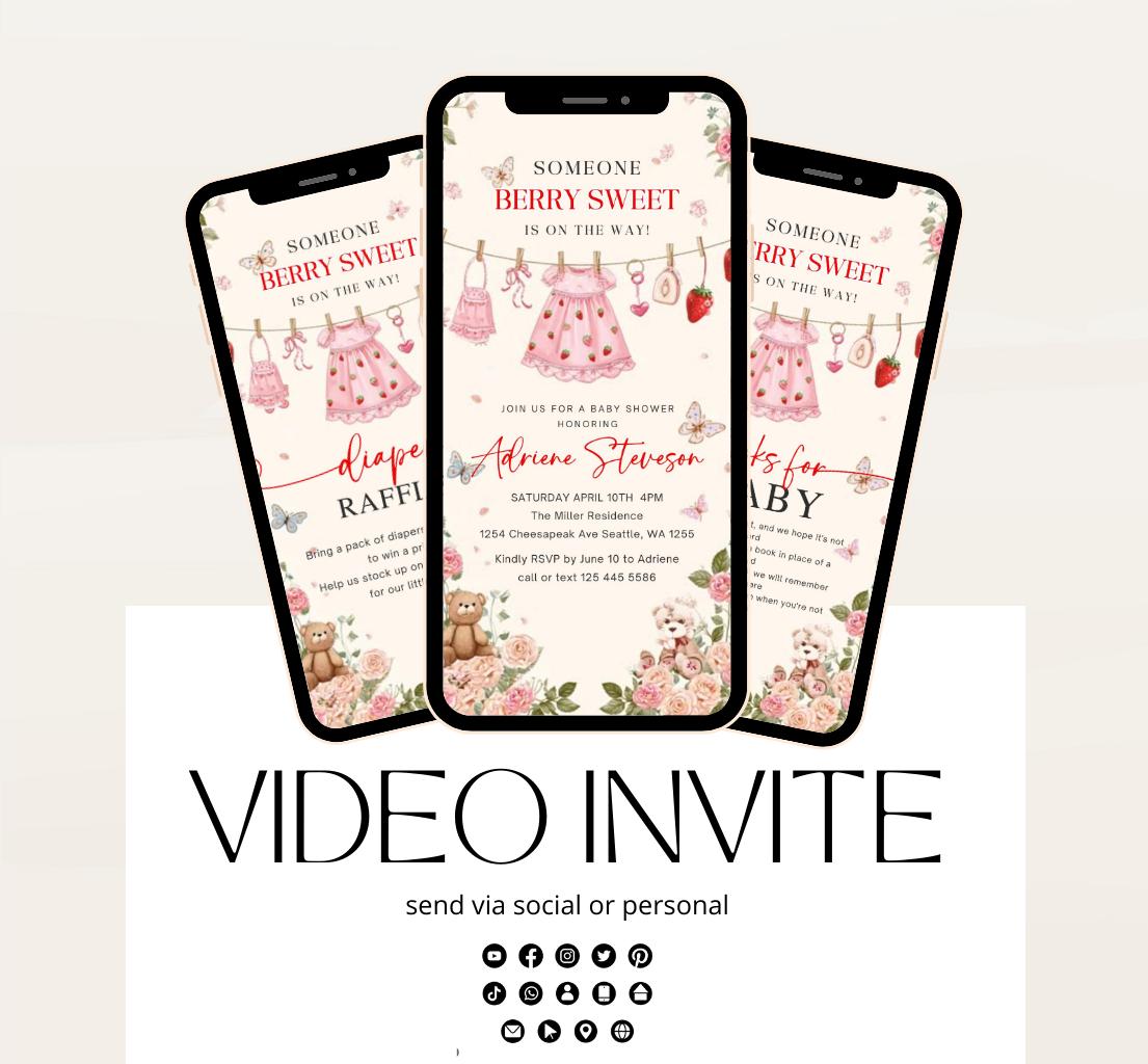 Animated Berry Baby Shower Invitation , Berry Sweet Invite Baby Shower Strawberries berries Minimal Girl Baby Shower Blush Pink Strawberry-3