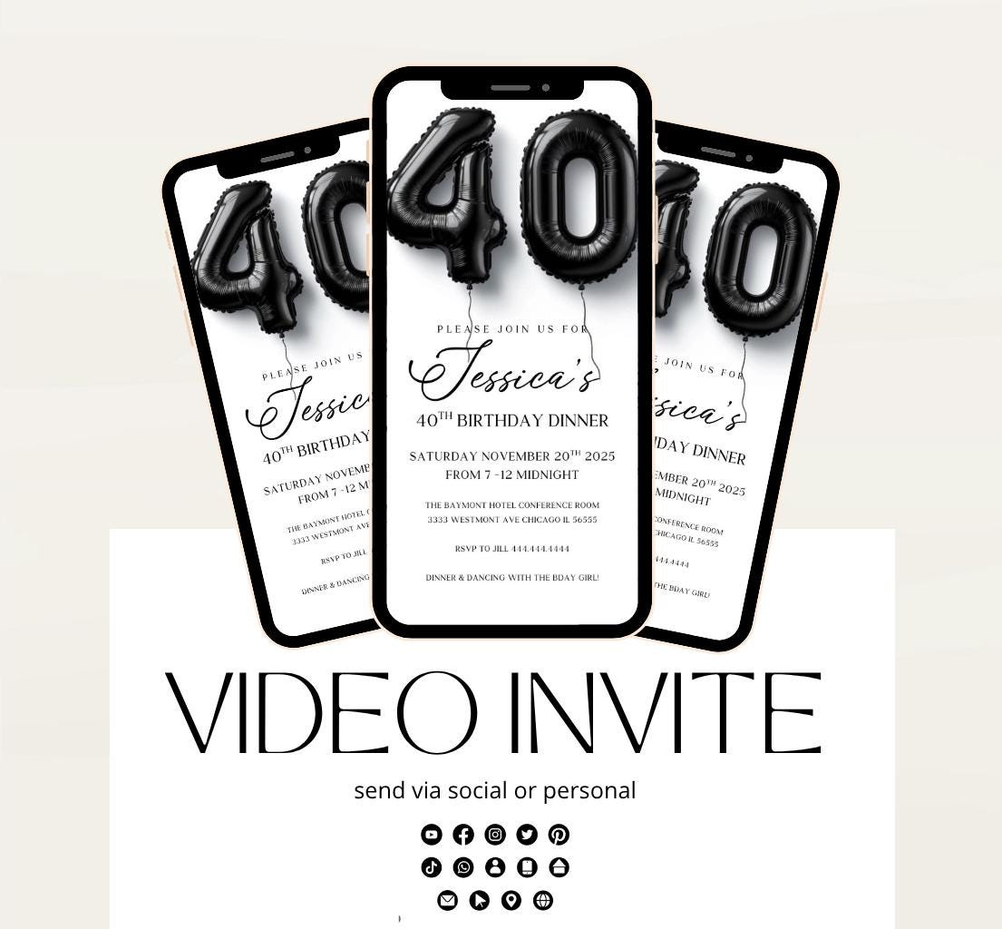 Animated 40th Evite Birthday for Adult Invite, Modern 40th Birthday Invite, Digital Animated Diamond Digital 40th Birthday-2
