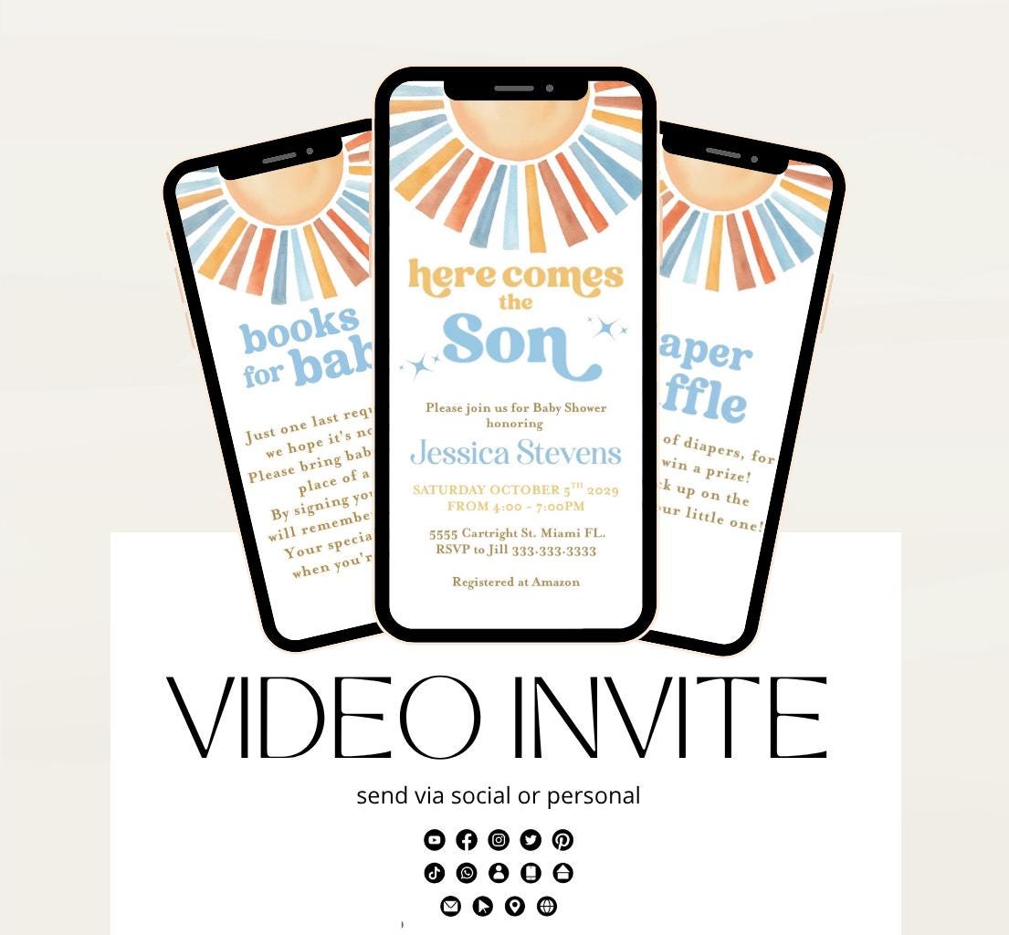 Animated Sunshine Baby Shower Invitation, Here Comes the Son Baby Shower Invite, Boy Sonshine Baby Shower, Boho Sunshine Shower sun baby-3