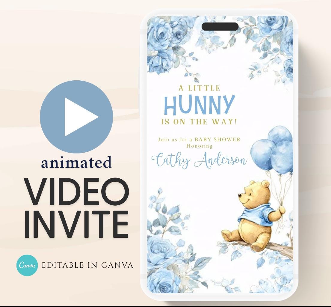 Blue Winnie shower Invitation, Winnie The Pooh Baby Shower Invitations, Winnie The Pooh Invitations Video invitation, Winnie baby shower-19