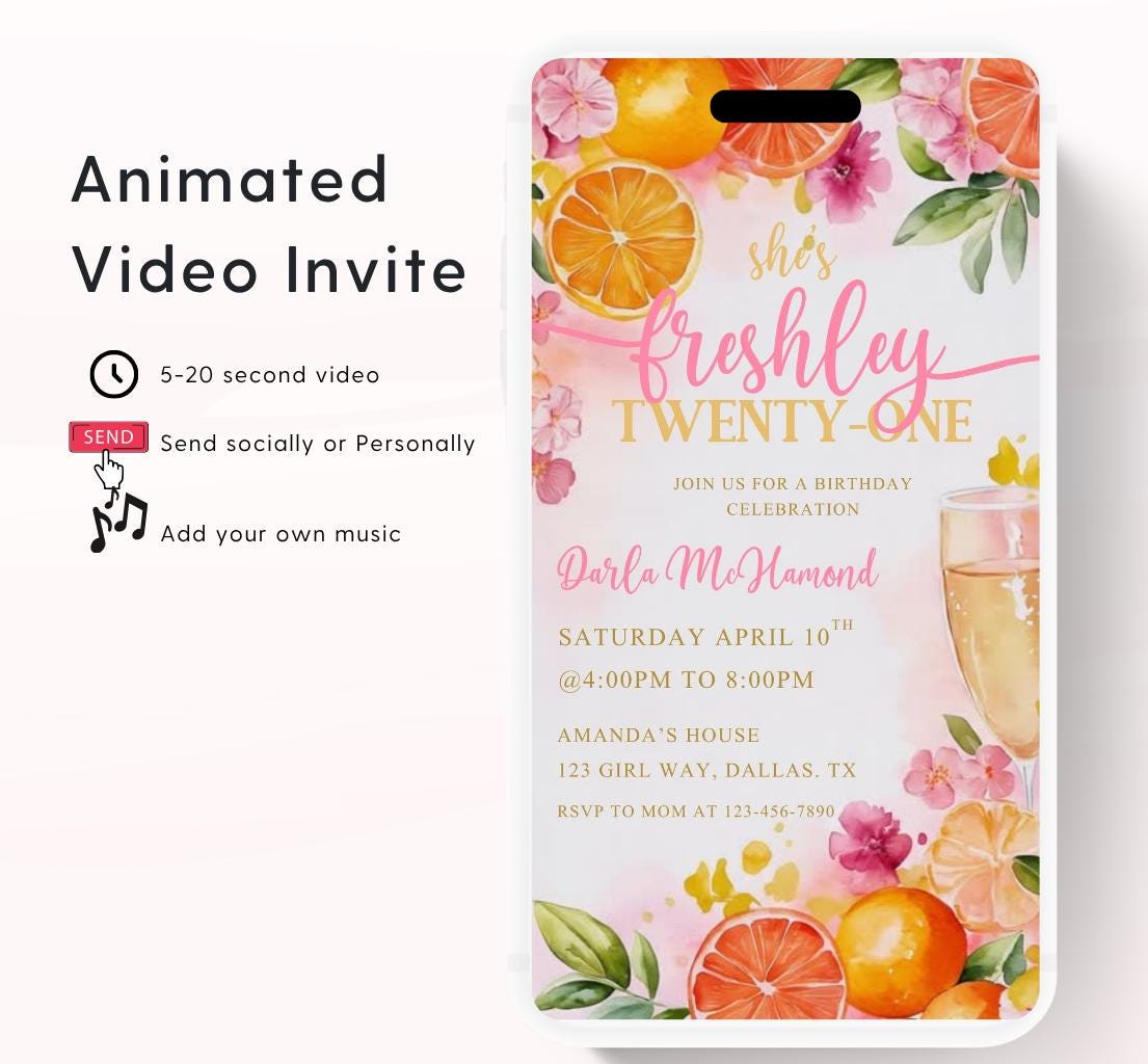 Citrus Birthday Brunch Invite. Digital Animated 21st birthday Party Invitation. Lemon Yellow and Pink Citrus Birthday Video invite-2