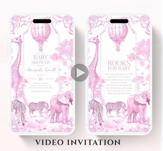 Pink Toile de jouy Safari Baby Shower Invitation, Safari Animal Baby girl Shower Digital Video Toile de Jouy Baby Shower Invite Safari-2