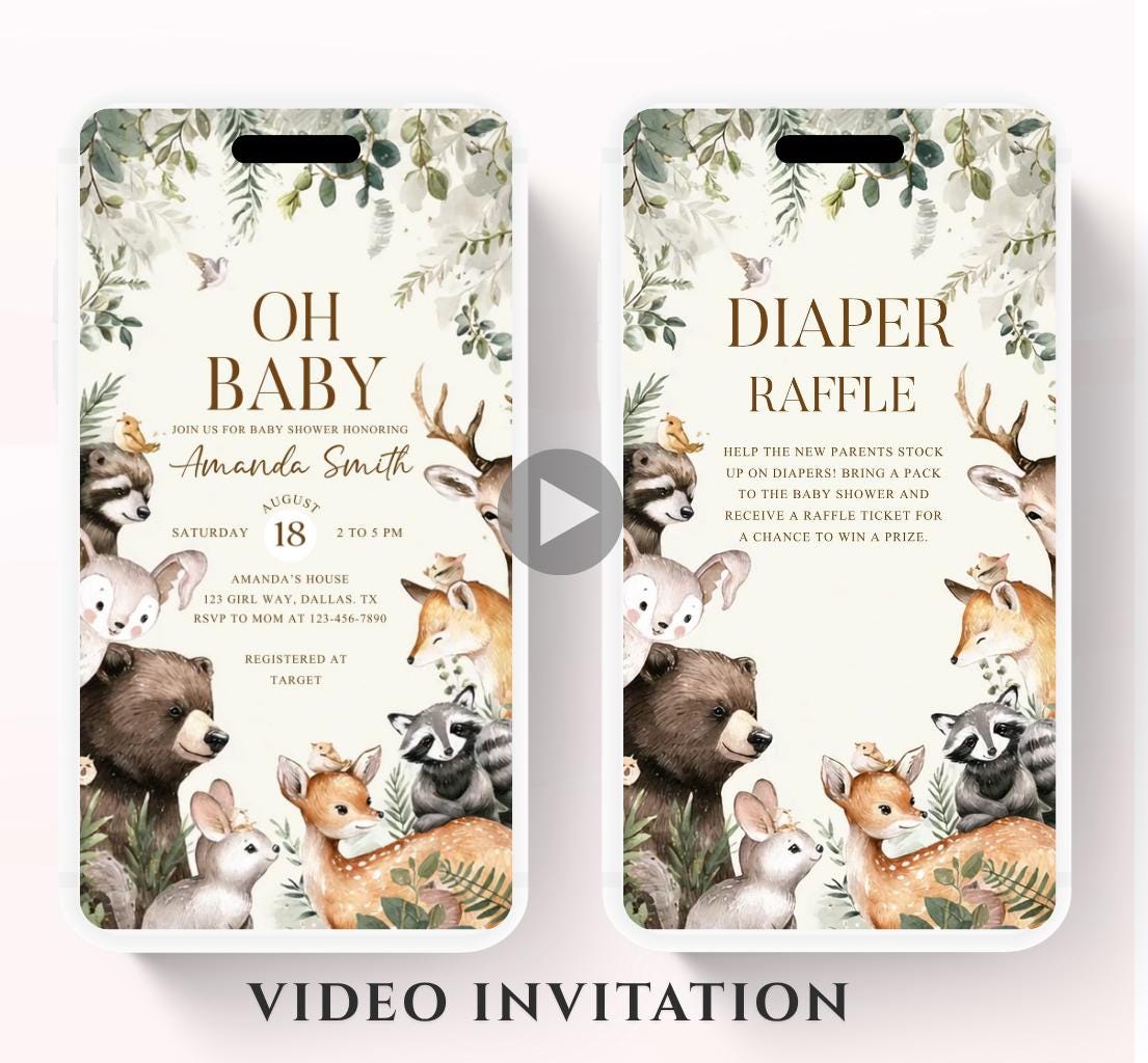 Animated Woodland Baby Shower Invitation, Boy Woodland Baby Shower Invite, Woodland Animals Baby Shower, Greenery Boho invitation Woodland-4