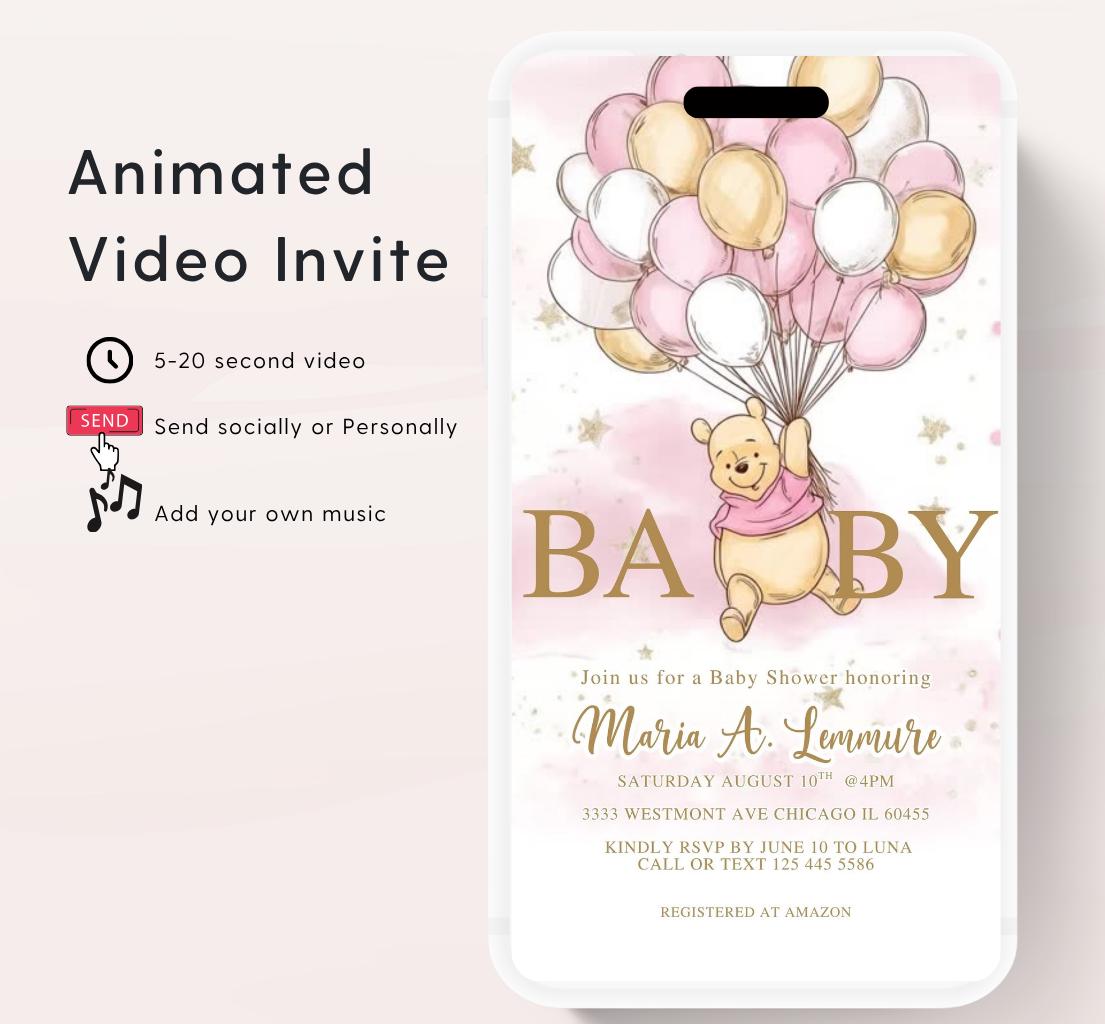 Winnie The Pooh Invitation, Winnie The Pooh Baby Shower Invitations, Winnie The Pooh Invitations Video invitation, Winnie baby shower-3