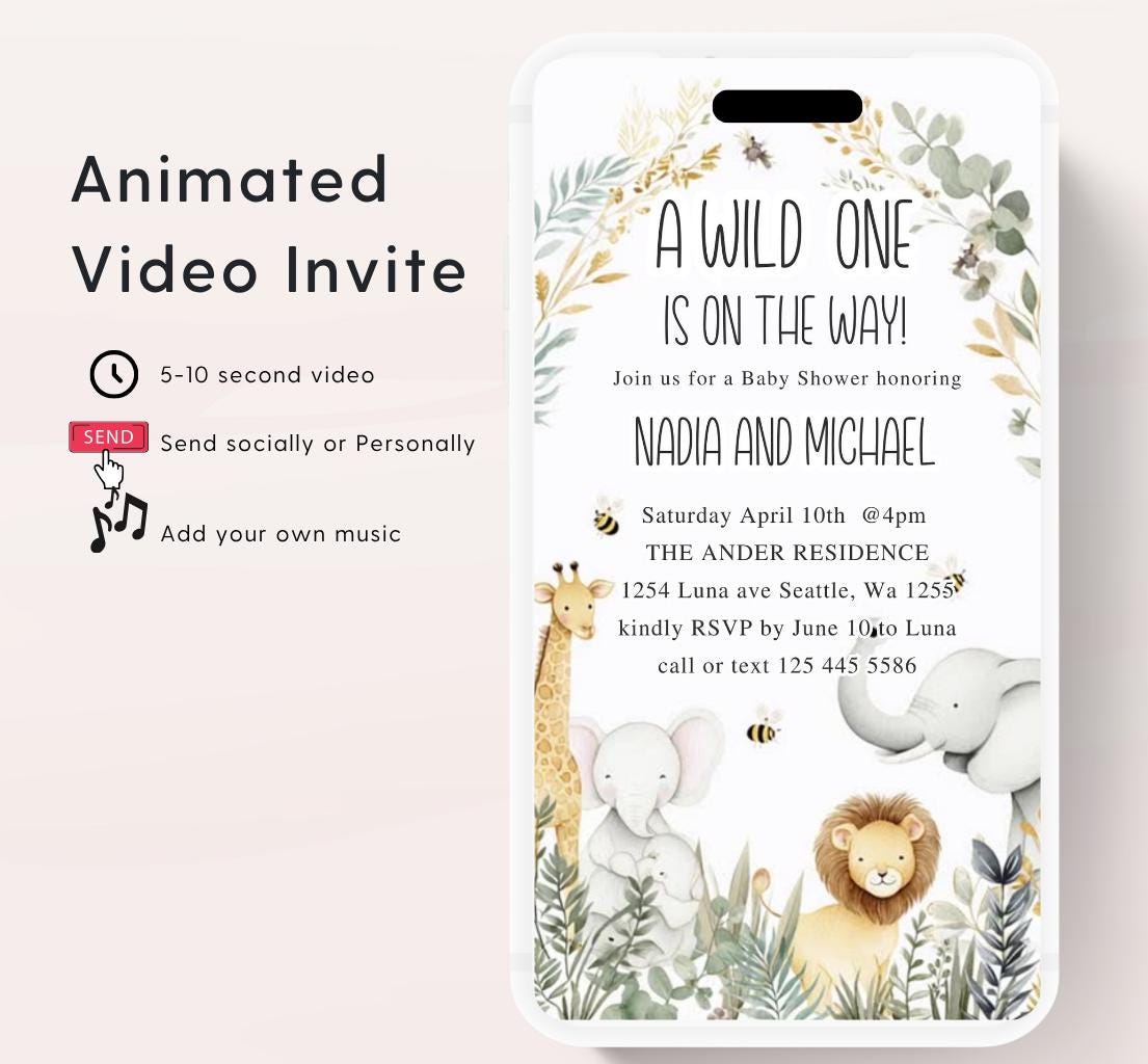 Safari Baby Shower Invitation, A little Wild One is on the Way Invite, Jungle Baby Shower Invitation, Zoo Animal Animated-2