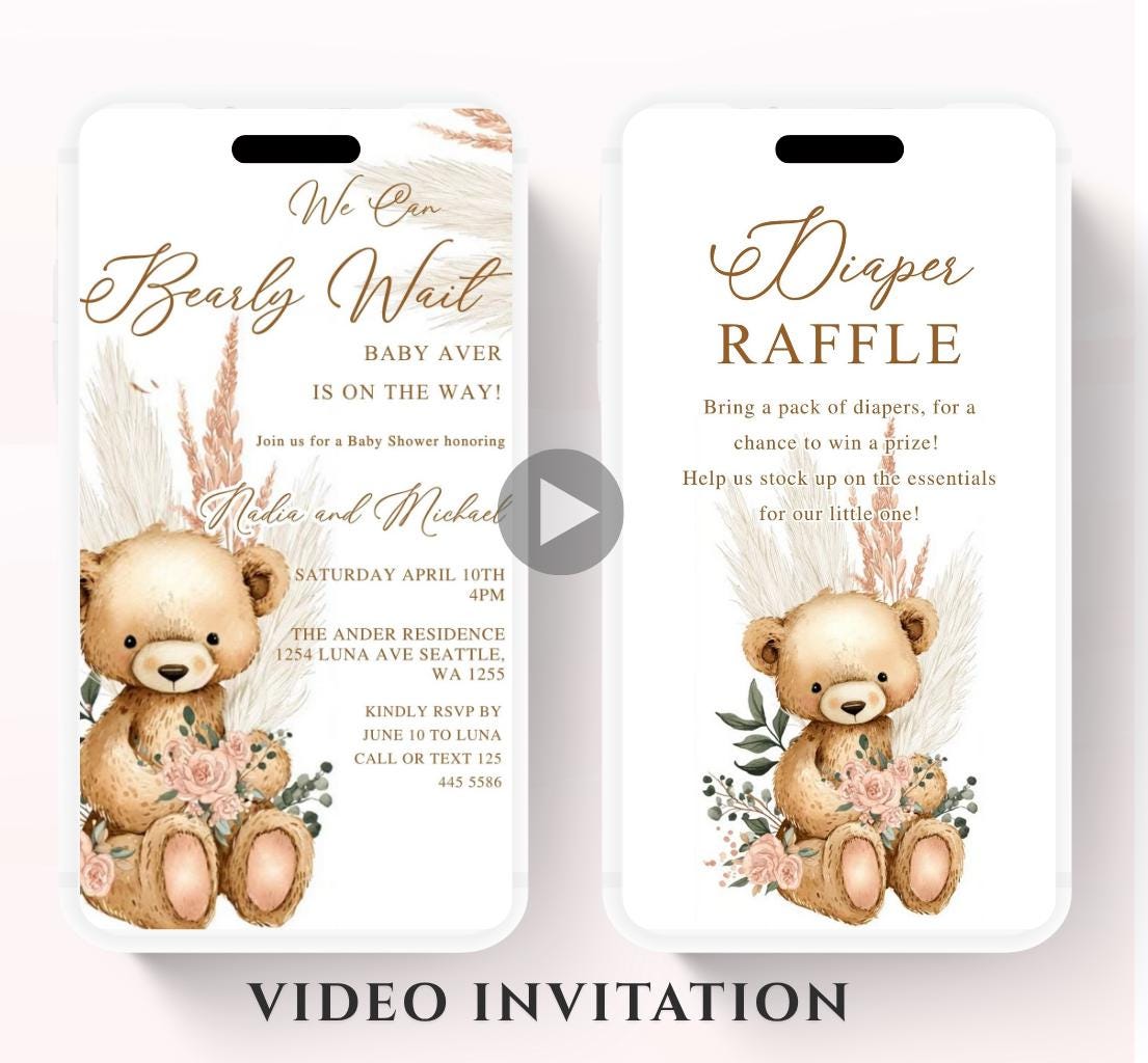 Teddy Bear Baby Shower Invitation We Can Bearly Wait Invite Boho Bohemian pink Pampas Grass Teddy Bear Template Boy Animated video- 2