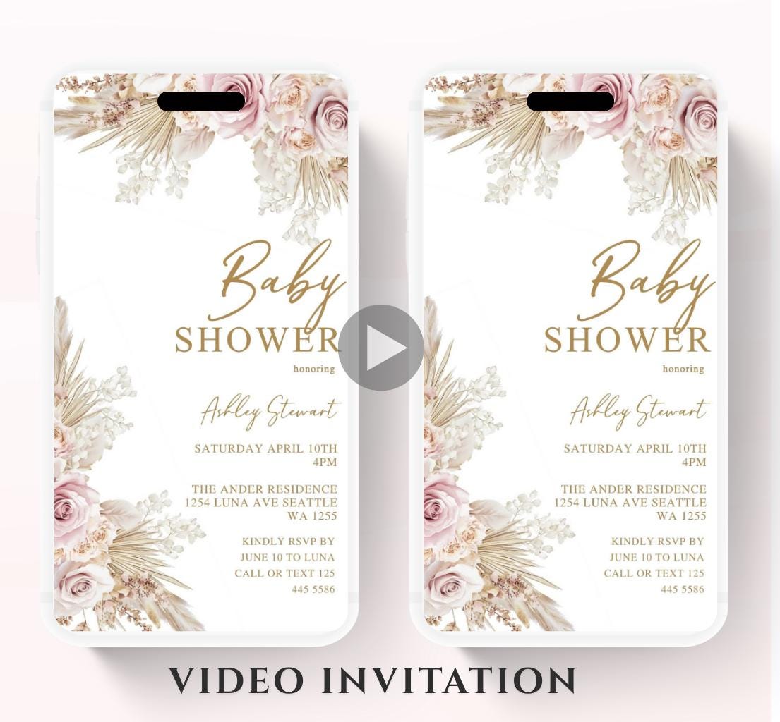 Boho Baby Shower Invitation, Boho Floral Baby Shower, Baby Girl Baby Shower Invite, pampas Invitation, Boho Baby Invitation Animated-1
