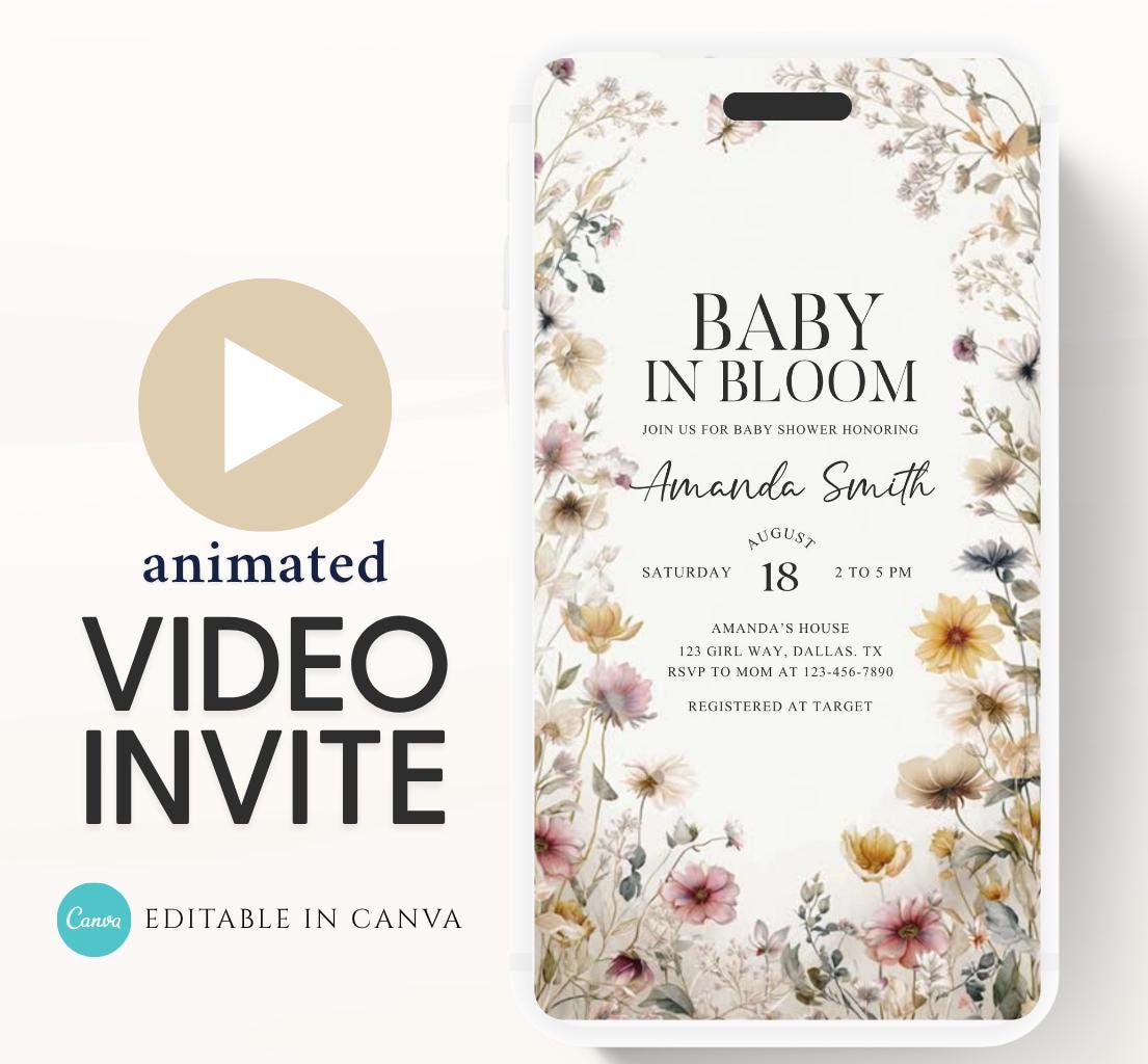 Boho Baby Shower Invitation, Boho Floral Baby Shower, Baby in bloom Baby Shower Invite, pampas Invitation, Boho Baby Invitation Animated-4