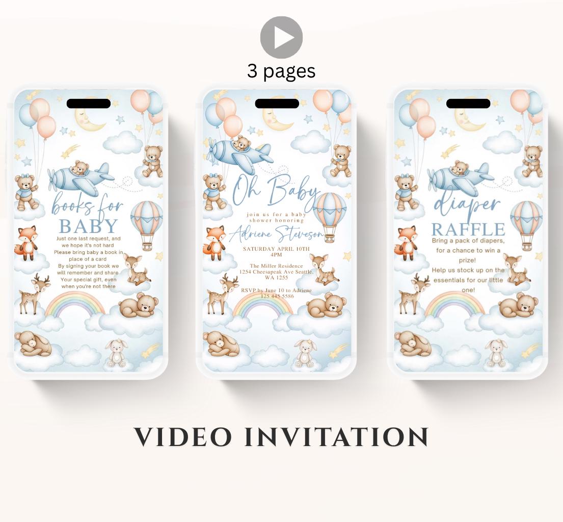 Flying Teddy Bear Baby Shower Invitation We Can Bearly Wait Invite balloon Teddy Bear Template Boy Animated video- 3