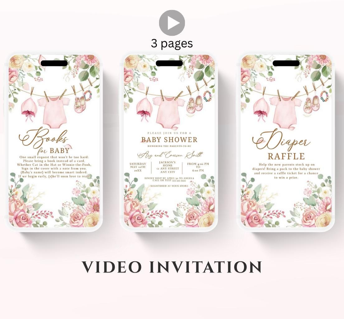 Boho Girl Clothesline Baby Shower Invitation, Boho Baby Clothes, Editable Instant Digital Animated Video invitation-1